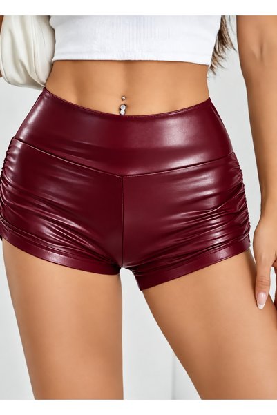 MAROVOAY Faux Leather High Waist Super Mini Leggings with Drawstring Sides