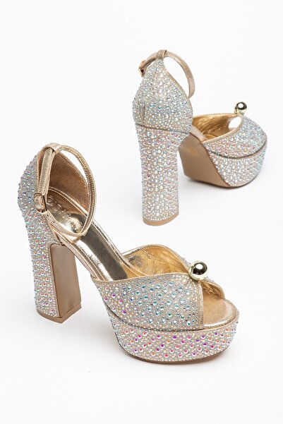 Dilimler Ayakkabı Gold Women's Platform Heeled Stone Evening Dress Shoes with...
