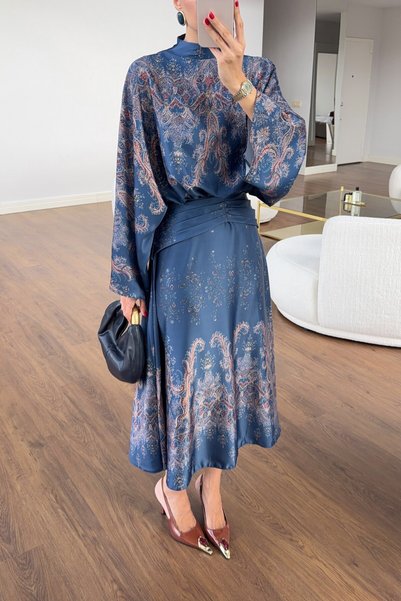 HAZELANNA Satin Navy Blue Dress with Waist Detail