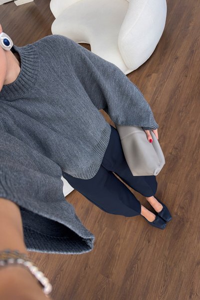 HAZELANNA Half Fisherman Bat Sleeve Oversize Gray Knitwear Sweater