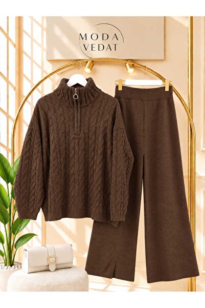 MODA VEDAT Women's Knitted Patterned Zippered Knitwear Set -0500
