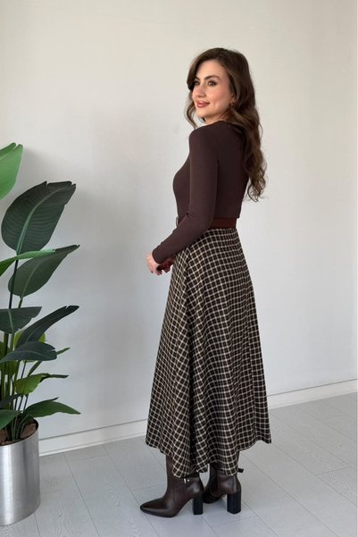 MaziButik Eteği Ekoseli Kemerli Elbise