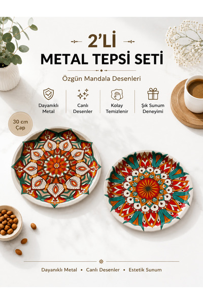 Dem Home 2 Pieces Round 30 cm Metal Coffee Presentation Tray Modern Ethnic Pa...