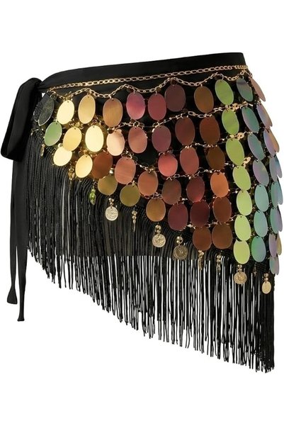 TERRIFI Hip Scarf, Belly Dance Sequin Tassel Fringe Skirt, Sparkly Coin Hip B...