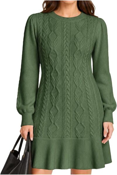 GENERAL VIMPUNEC Women Cable Knit Sweater Dress Puff Sleeve Mini Dress