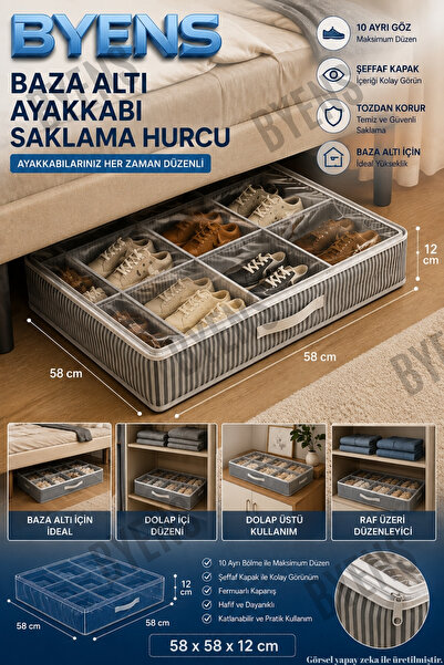 BYENS 10 Bölmeli Ayakkabı Düzenleyici Ayakkabılık Organizer Dolap İçi Raf Düzenleyicisi Baza Altı Seyahat Çantası Bavul İçi Valiz Hurç Torbası Çanta Dolabı Düzenleme Saklama Kutusu Hurcu Kutu