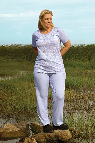 Doreanse Women's Plus Size Purple Floral Patterned T-Shirt Pajama Set 4273P
