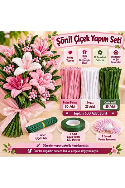 C&A&B KUZEY AVİZE Şönil Yapım Kiti Full Set | 100 Adet Şönil + 30 cm Çiçek Te...