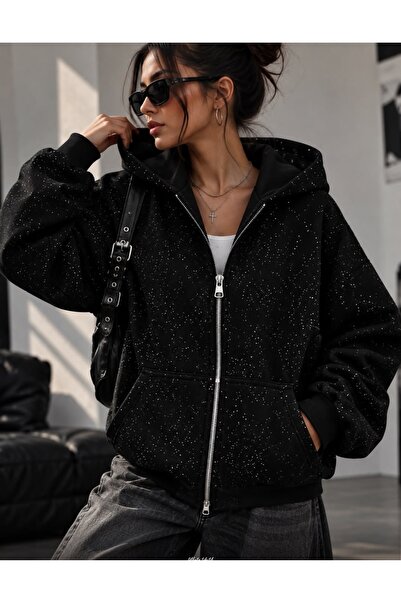 eyonnwear Women's Black Sparkling Stone Printed Hooded 3 Thread Oversize Card...
