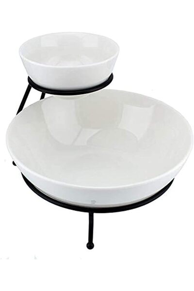 GENERAL Shallow 2 Tier Porcelain Chip & Dip Bowl Set, White, Dy2048