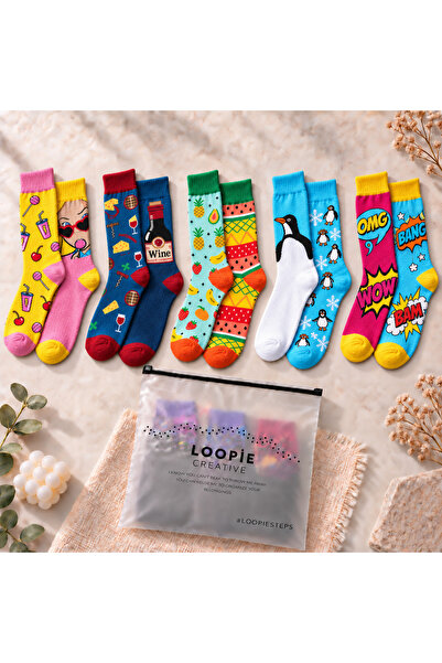 Loopie Socks 5'li Desenli Tasarım Çorap Seti - İsme Özel Şerit - Hediye Çanta