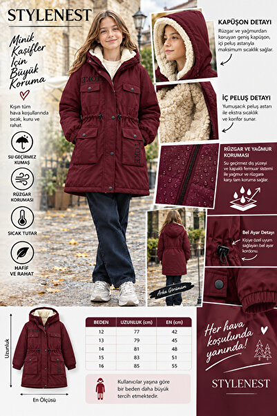 MCLKKİDS Unisex Çocuk İçi Kürklü Kapüşonlu Parka Su ve Rüzgar Geçirmez Kışlık...