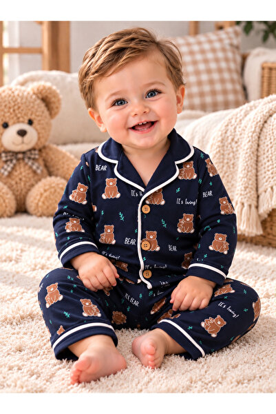 Movamirbaby 100% Cotton Teddy Bear Patterned Long Sleeve Buttoned Baby Pajama...
