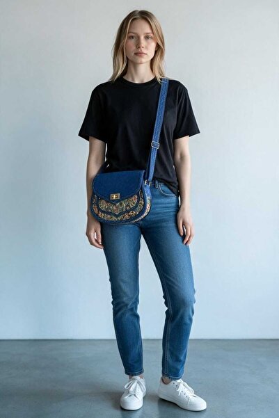 EliziBySevim Bohemian Ethnic Patterned Blue Suede Women's Shoulder Bag