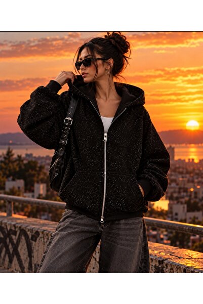 eyonnwear Cardigan negru, lucios, cu sclipici, cu glugă groasă, pentru femei