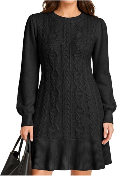 GENERAL VIMPUNEC Women Cable Knit Sweater Dress Puff Sleeve Mini Dress