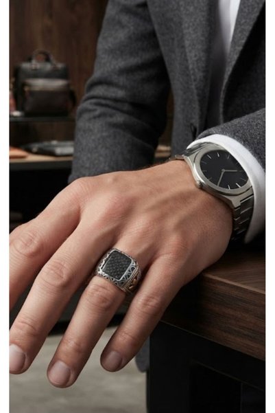 HOŞGÖR ACCESSORIES Men's Eagle Figured Steel Ring