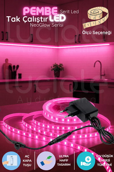 luciole 5 Metre NeoGlow LED Işık Şeridi – 12V Tak Çalıştır Fişli 60 Çipli Pem...