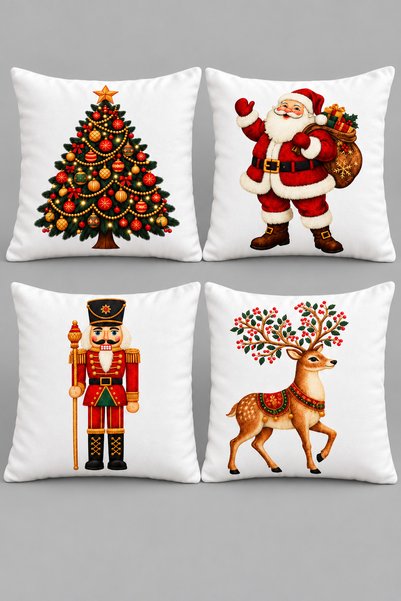 Paris Home Christmas Themed Set of 4 Throw Pillow Covers – Santa Claus, Pine Tree, Reindeer, and Nutcracker