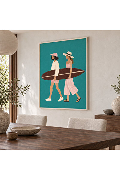 Sörf Yolunda Sörf Tahtalı Kadın Figürlü Kanvas Baskı Tablo 70x100 cm