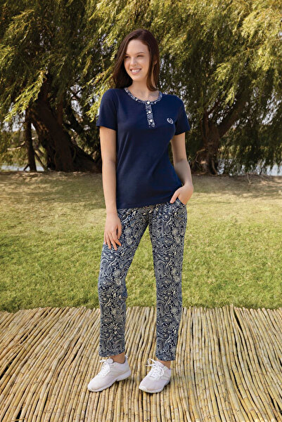Doreanse Women's Navy Blue Patterned T-Shirt Pajama Set 4213