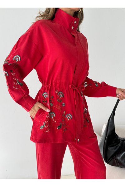 MİA NOURA Women's Front Sleeves with Bead Embroidery Tansel Fabric Bambir Ceken Pant Suit