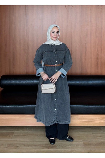 Colomer Women's Belted Shirt-Collar Denim Trench Coat with Snap Closure Pockets and Lining Cuff Details