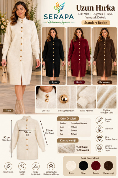 SERAPA Women's Long Cardigan High Collar Buttoned Fuzzy Soft Textured 80% Beard 20% Acrylic Standard Size