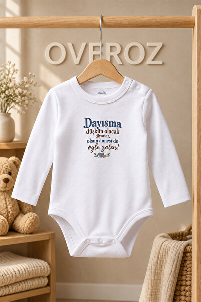 Overoz Beyaz Uzun Kollu Pamuklu Çıtçıtlı Bebek Zıbın Dayısına Düşkün Olacak Y...