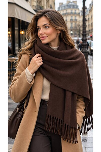 HAZAL KAYA ATELIER Acı Kahve Lux Puff Tasseled Soft Textured Thick Women's Shawl