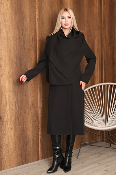 deqfashion Women's Black Scarf Collar Double-Breasted Long Trench Coat