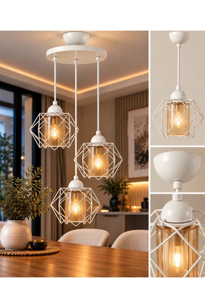 Semboldekor BEYAZ GEOMETRİK 3'LÜ SARKIT AVİZE