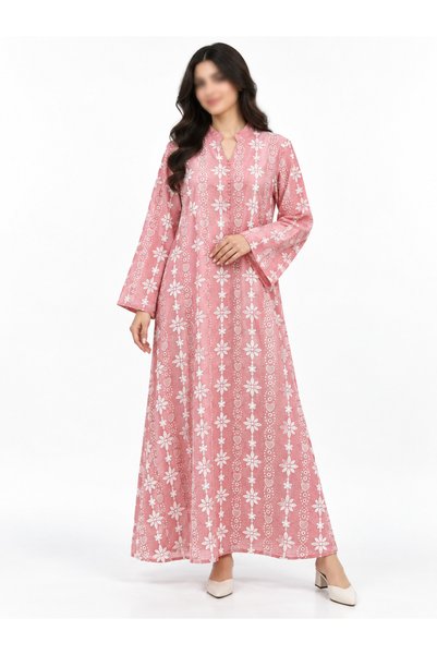 White colour جلابية نسائية فخمة طويلة بطبعة زهور وأكمام واسعة