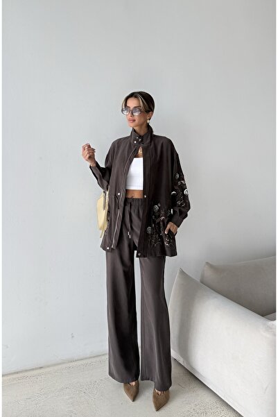 MİA NOURA Women's Front Sleeves with Bead Embroidery Tansel Fabric Bambir Cek...