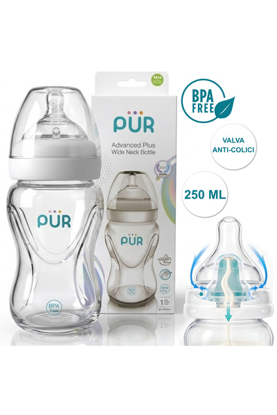 PUR Brand PUR ®   Biberon Advanced Plus cu gât larg 250ml, Anti-colici, Tetin...
