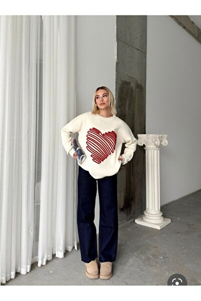 Şeker Portakalım T3161 White Big Heart Detailed Knitwear