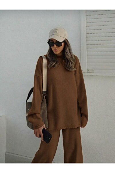 Lovely butik Set de tricotaje supradimensionate pentru femei, cu pulover cu gât rotund și pantaloni largi