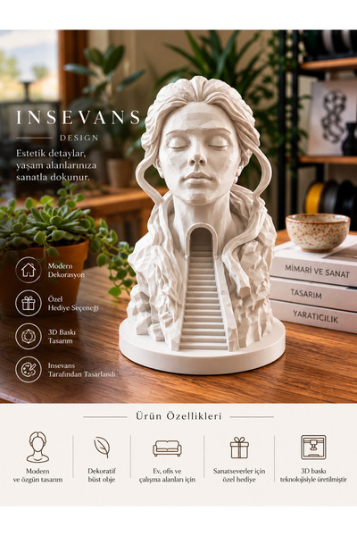 İNSEVANS DESİGN Modern Kadın Büst Biblo – Özgün 3D Dekoratif Heykel