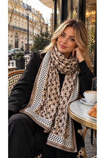HAZAL KAYA ATELIER Beige Polka Dot Patterned Women's Shawl 90X180 cm