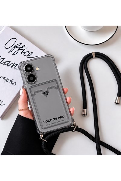 BilişimGo Technology Poco X8 Pro Şeffaf Kartlıklı Boyun Askılı Ipli Kılıf