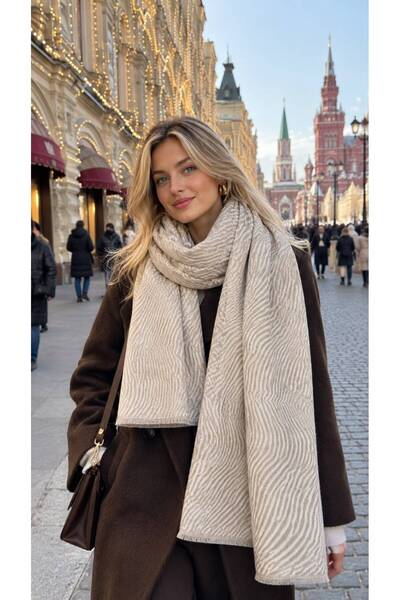 HAZAL KAYA ATELIER Beige Stripe Patterned Tassel Women's Shawl 90X180 cm
