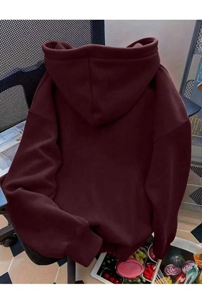 Harmandar Bordo Fiyonk Baskılı Kapüşonlu Oversize Sweatshirt