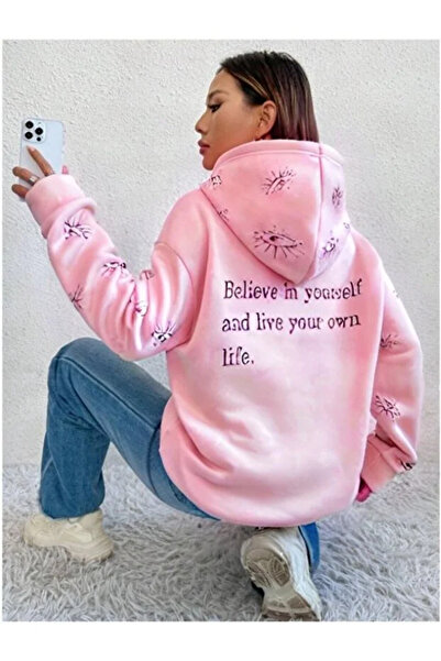 Harmandar Pink Women's Believe in Yourself Back-Printed Hooded Oversize Sweat...