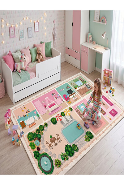 SionFabric Oyuncak Ev ve Havuzlu Bahçe Temalı Kız Çocuk Oyun Halısı, Pembe Od...