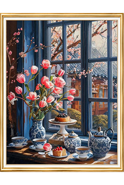 LİVA CRAFT Art & Craft Pencere Önünde Laleler ve Çay Takımı Elmas Mozaik Puzz...