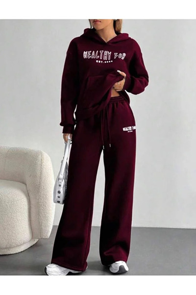 Harmandar Burgundy Wealthy Printed Hooded Oversize Wide Leg Tracksuit Set