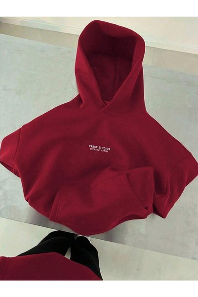 HAI COLLECTİON Kapüşonlu Sweatshirt Bordo Oversize Unisex Kalın Şardonlu Hoodie