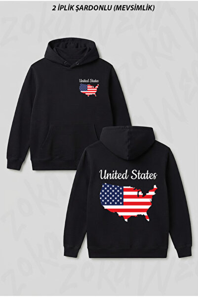 Amerika Haritali Ve Bayrakli Siyah Sırt Baskılı Kapşonlu Sweatshirt