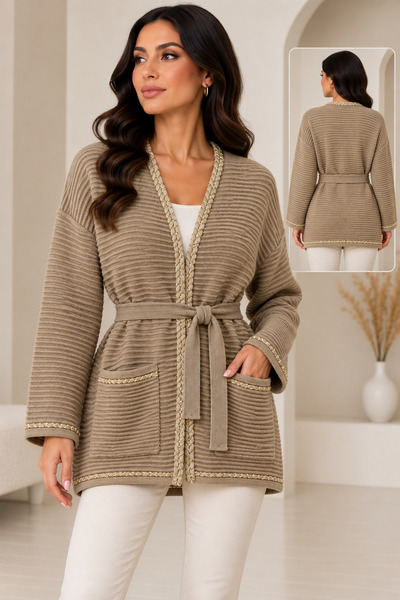 CNR TEKSTİL Women's Belted Ribbed Knit Cardigan with Pockets – Contrast Strip...
