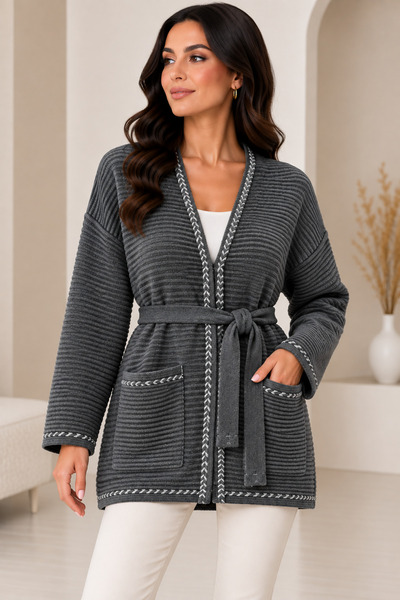 CNR TEKSTİL Women's Belted Ribbed Knit Cardigan with Pockets – Contrast Strip...